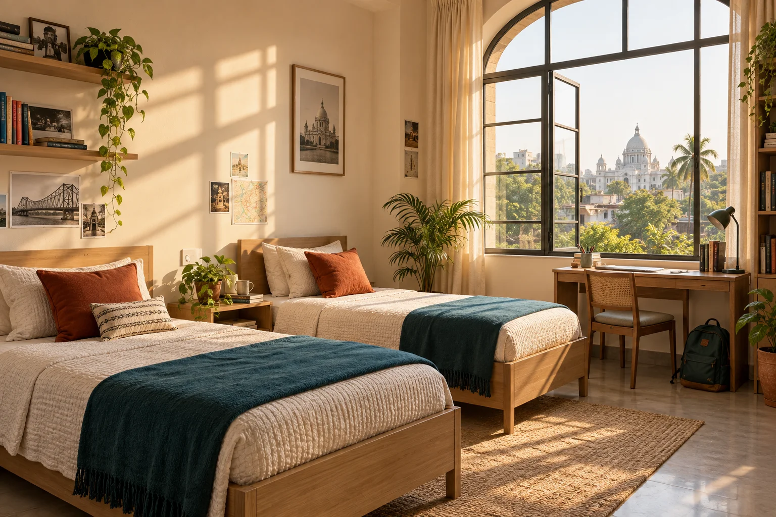 Illustrative shared room with sunlit windows, study space and teal bedding